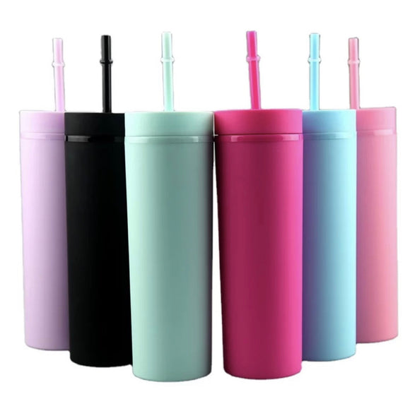 4 Pack 16oz Plastic Skinny Tumblers with Straw and Lid Double Wall